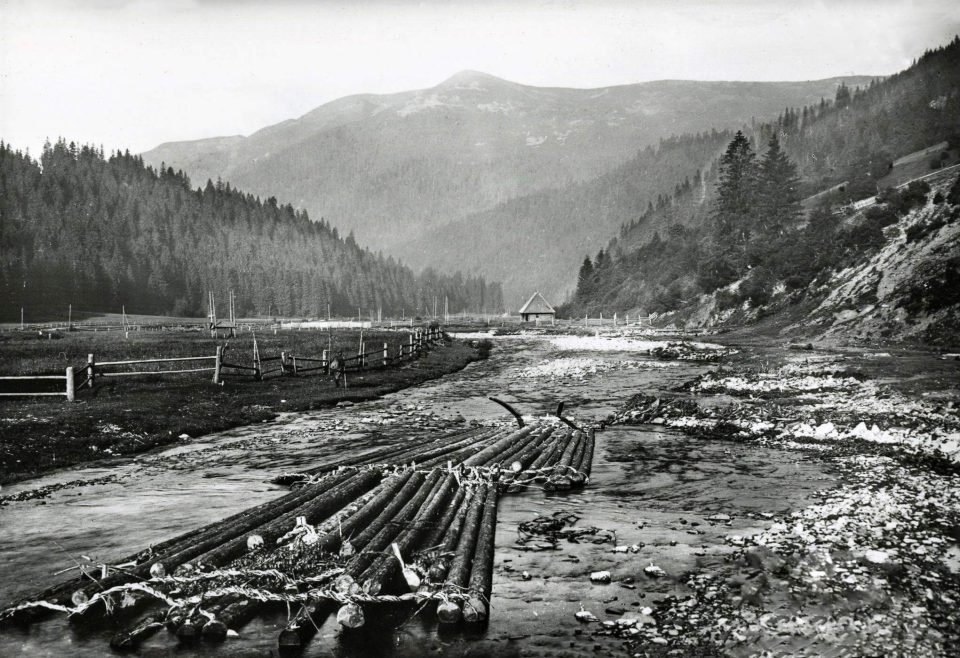Плоти в очікуванні на бокорашів. Річка Теребля на Міжгірщині, 1920 ті рр. Fotoarchiv ?eskoslovensk? Tiskov? Kancel??e. Praha, ?esk? Republika
