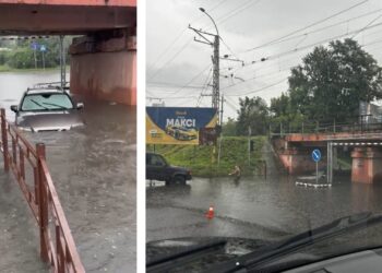 В Ужгороді після негоди авто застрягло у воді під залізничним мостом (ФОТО)